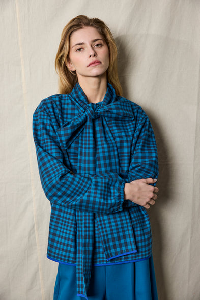 Cala Blouse. Blue Checkered Flanel