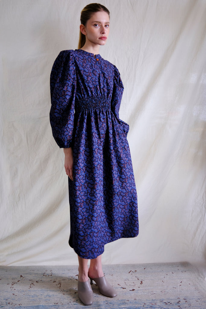 Taroudant 3 button dress. Blue Pasely