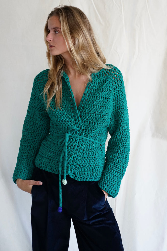 Knitwear No.74. Green Jersey and organic cotton Knot vest with belt