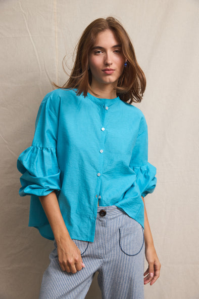 Seville couture blouse. Turquoise Linen