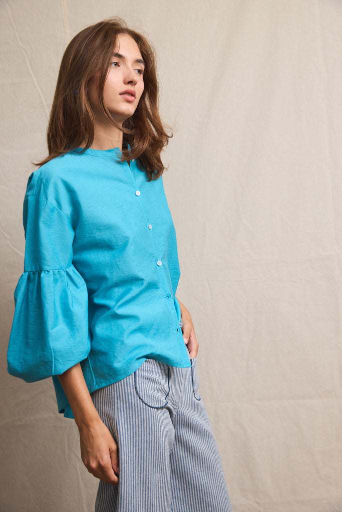 Seville couture blouse. Turquoise Linen
