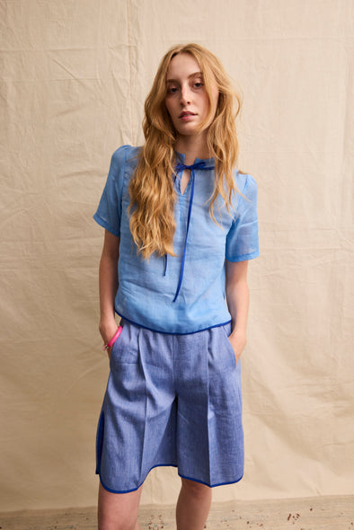 Short Sleeve Shirt. Blue Organza