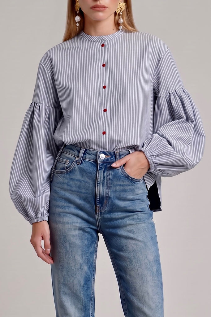 Seville Couture Blouse Double Face Blue Stripe by Jasmin Khezri Collection, cotton, view 2 of 3