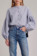 Seville Couture Blouse Double Face Blue Stripe by Jasmin Khezri Collection, cotton, view 2 of 3