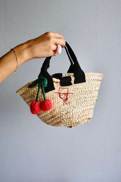 Embroidered mini basket with cherry charm