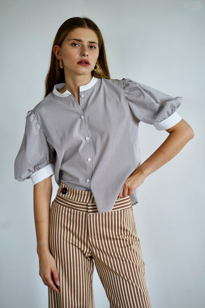 Mocca striped white collar blouse