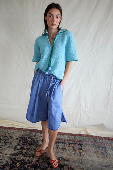 Bermuda Shorts. Blue Linen