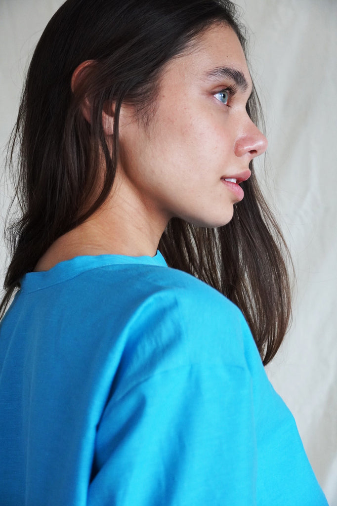 Seville couture blouse. Turquoise Linen