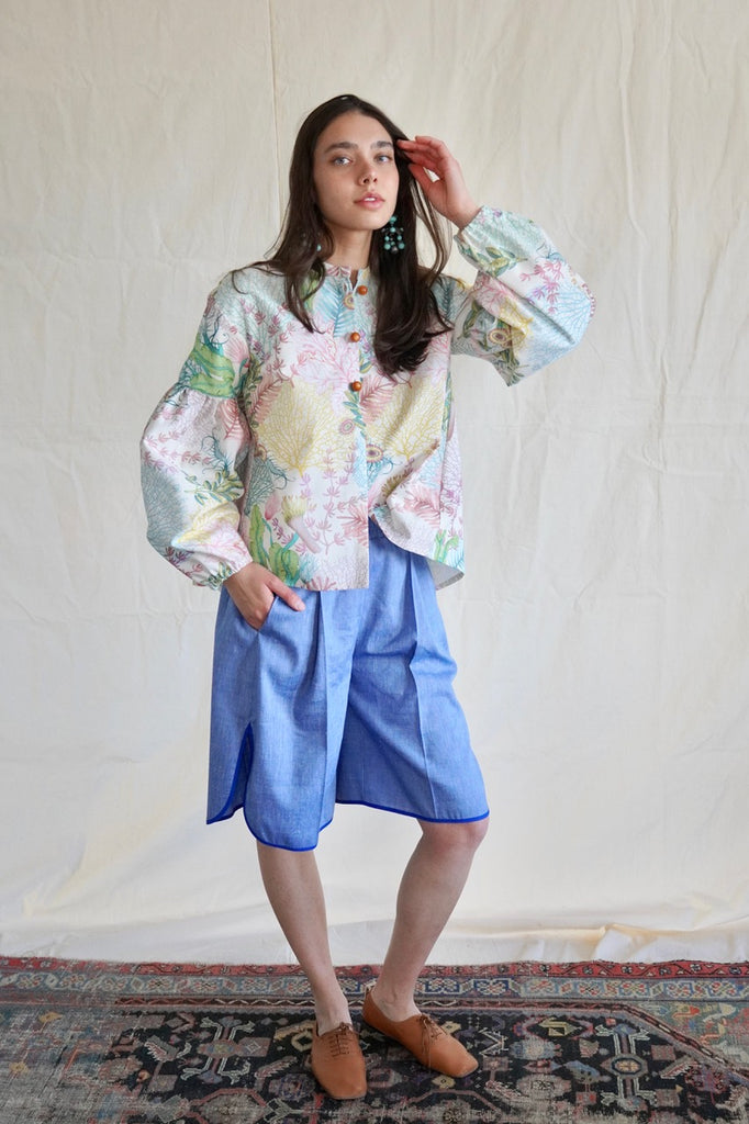 Bermuda Shorts. Blue Linen