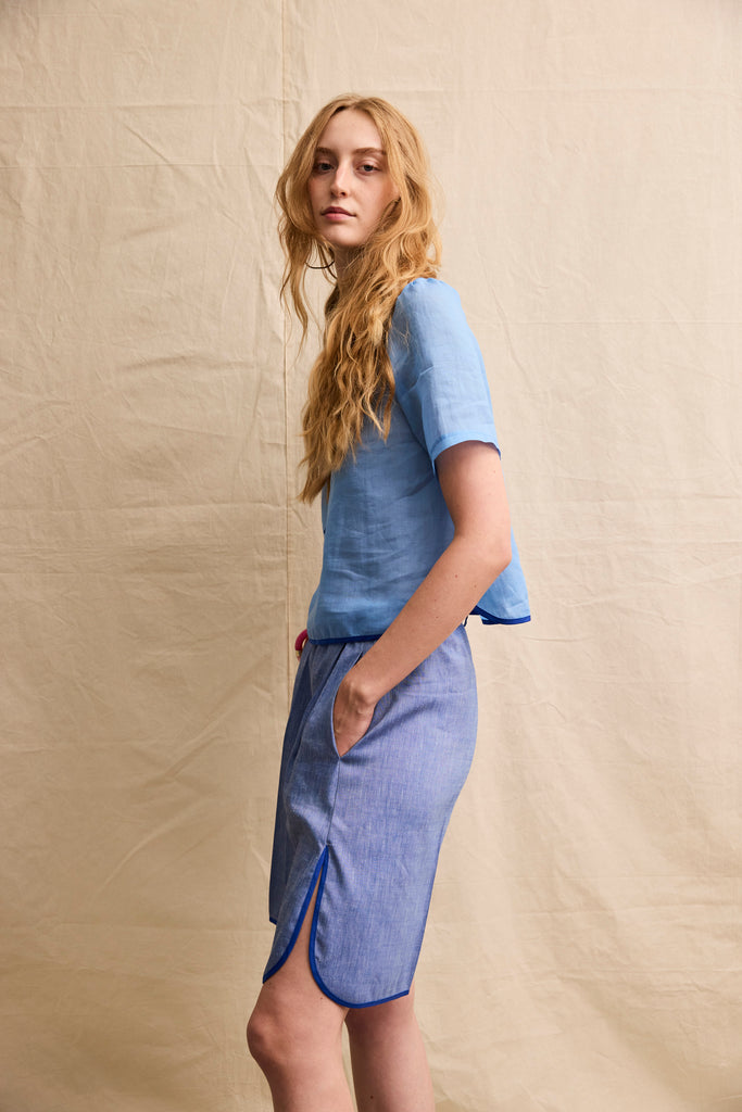 Bermuda Shorts. Blue Linen
