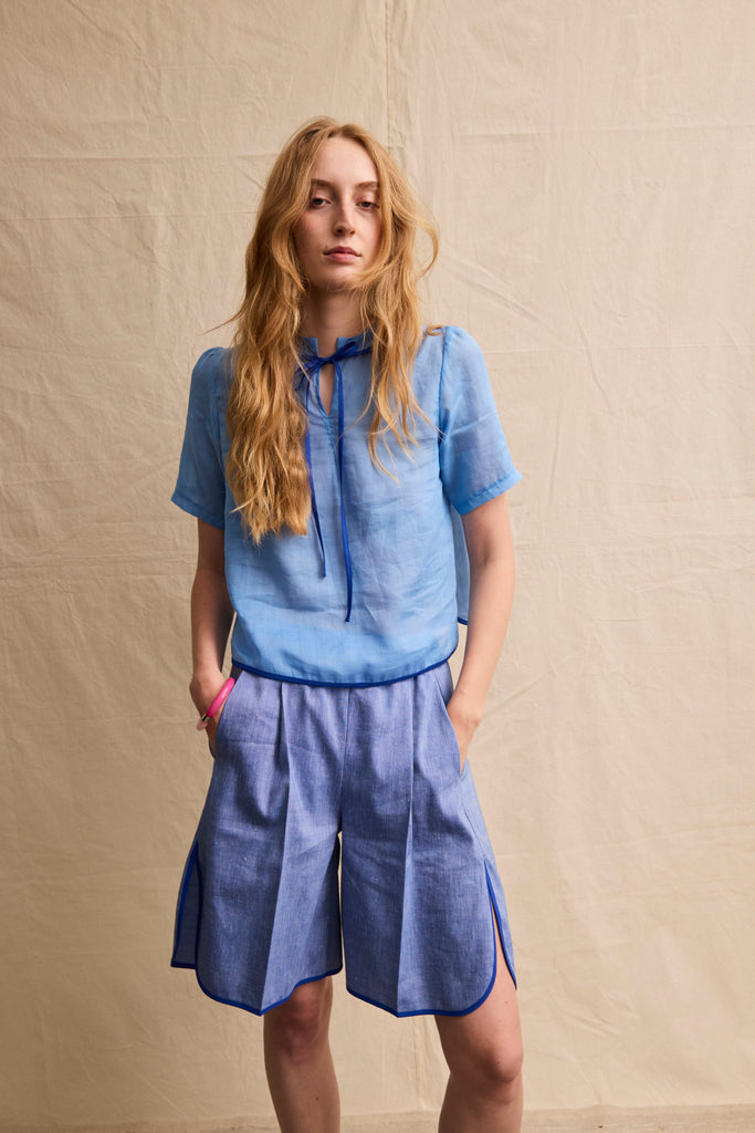 Bermuda Shorts. Blue Linen