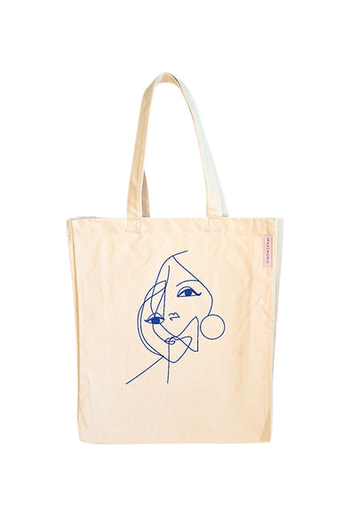 Embroidered organic canvas bag "two faces" blue
