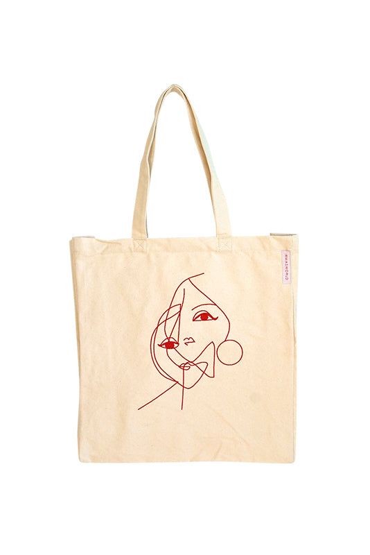 Embroidered organic canvas bag "two faces" red